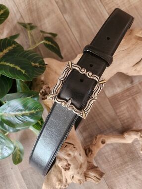 Fossil Black Leather Belt with Two-Tone Ornate Square Buckle Size Large